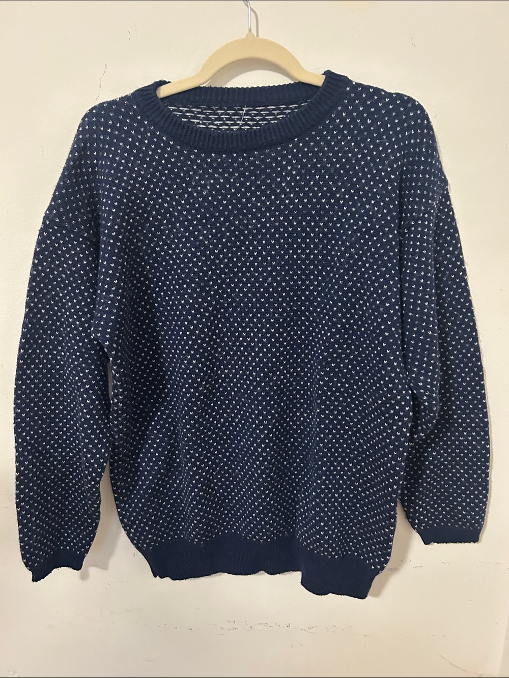 Perfect Vintage Oversized Navy Dot Knit Print Sweater- Casual Unisex Crewneck